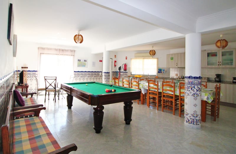 Games area with the snooker table and dining table